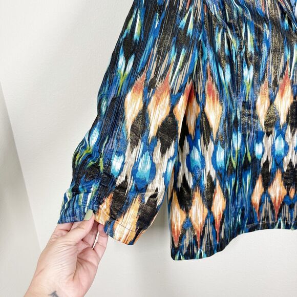 Chicos Linen Blend Ruched Sleeve Jacket Size L Ikat Print Blue Metallic Collared - Picture 8 of 12